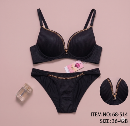 Luxury Ribbed Push-Up Bra & Thong Set with Gold Chain Detail
