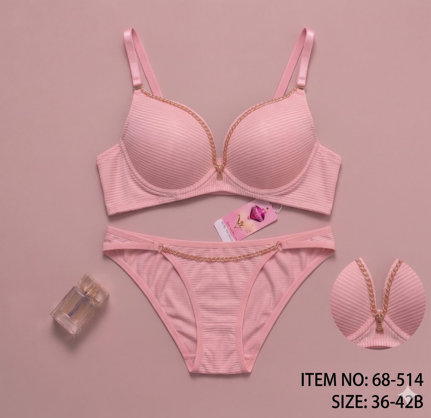 Luxury Ribbed Push-Up Bra & Thong Set with Gold Chain Detail