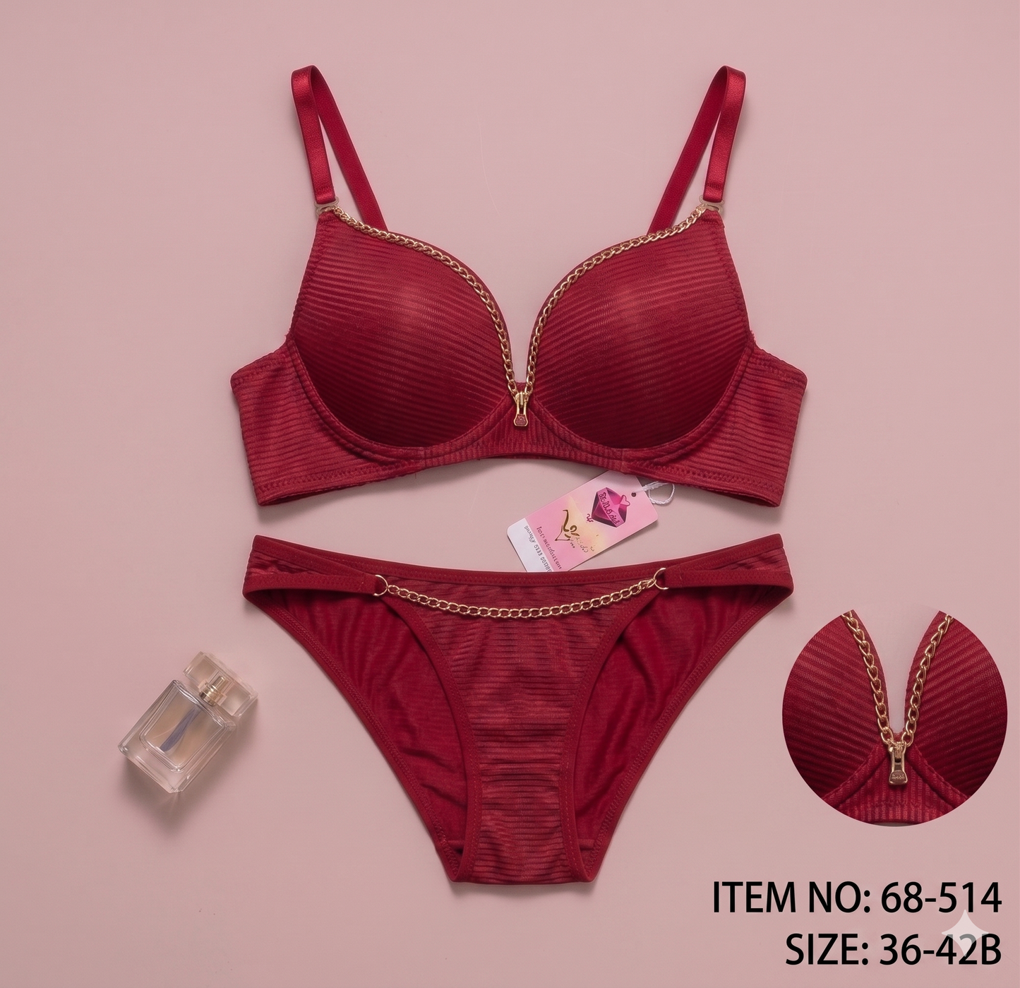 Luxury Ribbed Push-Up Bra & Thong Set with Gold Chain Detail