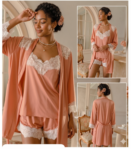 Elegant Satin 3-Piece Pajama & Robe Set with Chantilly Lace Trim